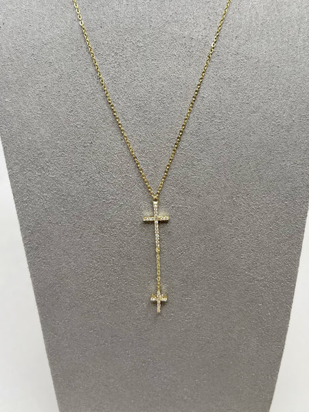 Necklace - Gold Necklace with Double Drop Crosses