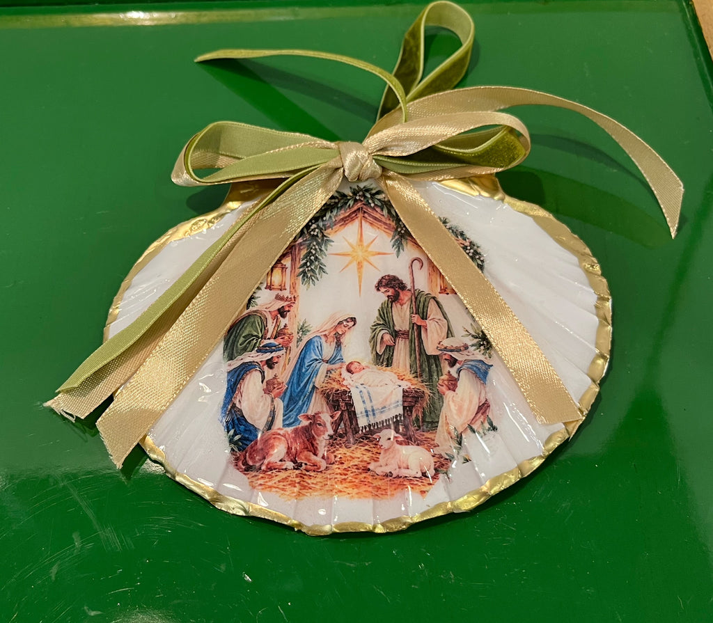 Ornaments - Nativity w/Three Wisemen on Irish Flat Shell by Fouts and Finch