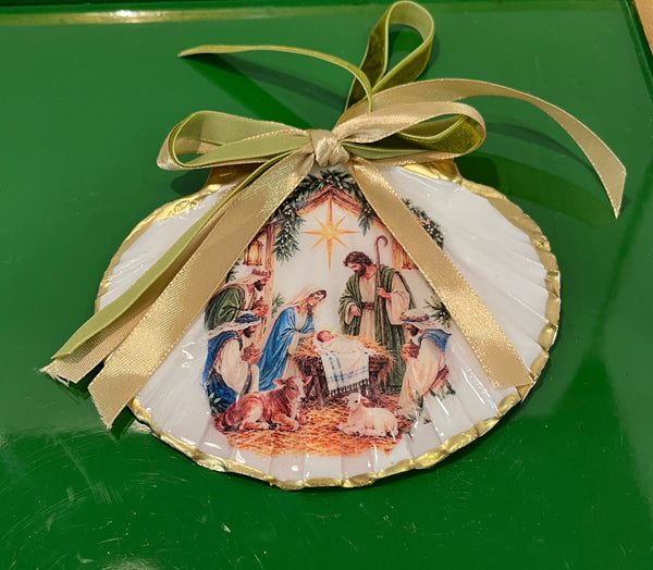 Ornaments - Nativity w/Three Wisemen on Irish Flat Shell by Fouts and Finch