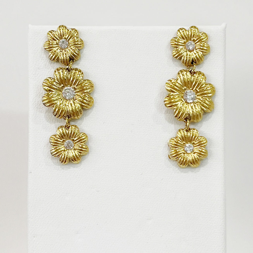 Earrings  Gold Triple Flower Drop w/CZ Accents
