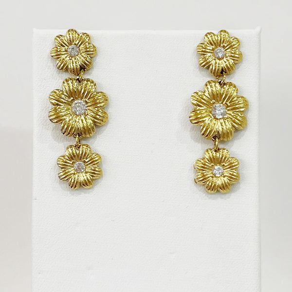 Earrings  Gold Triple Flower Drop w/CZ Accents
