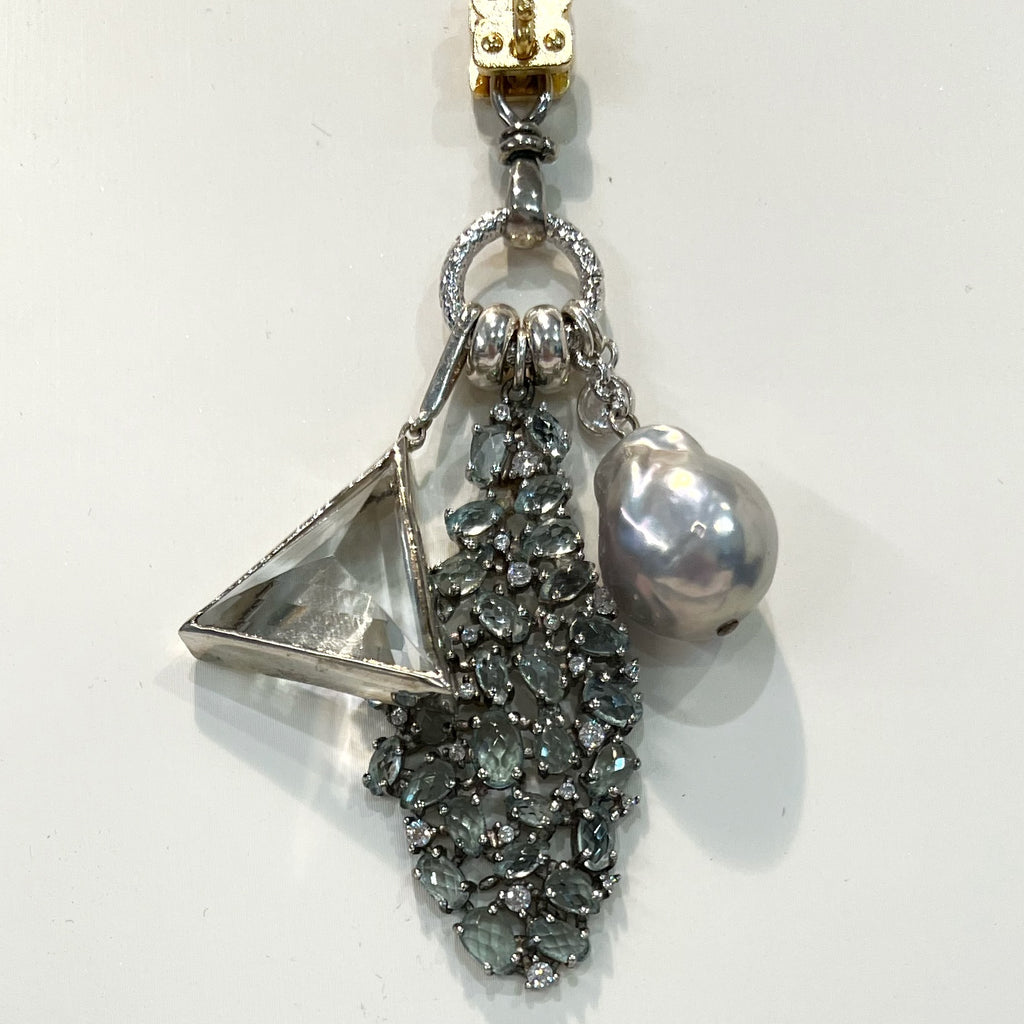 Sennod Vignette - Cluster - Blue Topaz, Quartz & Pearls on Sterling Silver