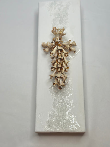 Handmade Seashell Cross on Canvas 4" X 12"