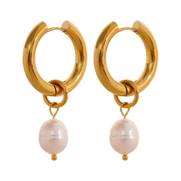 Earrings - Gold Hoop with Freshwater Pearl Earrings