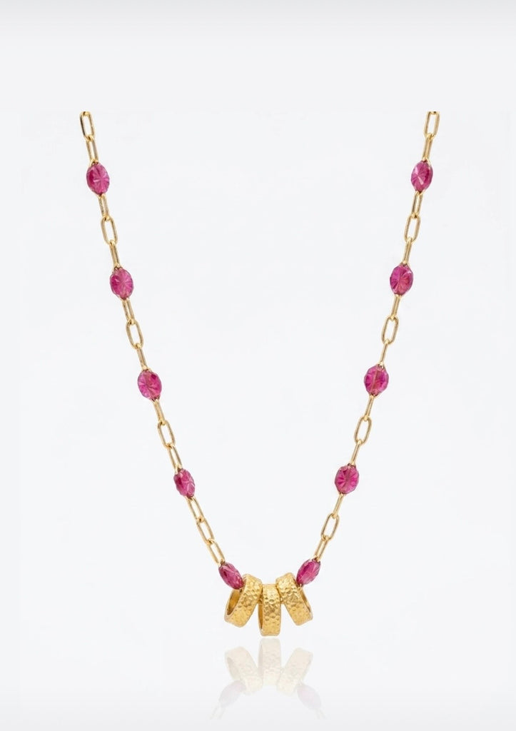 Necklace - Three Gold Rings On Pink Crystals