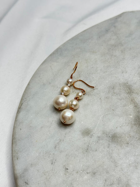 Earrings - Graduated Pearl Drops on Rose Gold w/ Diamonds