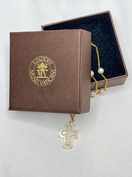 Estate Collection - Necklace - Vatican Mother of Pearl and Gold Cross Necklace