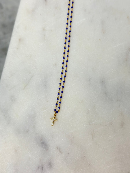 Necklace - Tiny Pave Cross on Lapis & Gold Necklace