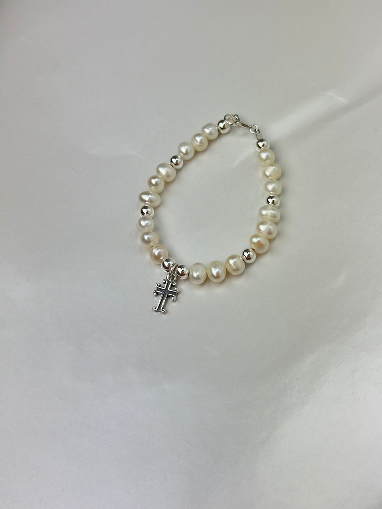 Bracelet - Baby Freshwater Pearl Bracelet w/Sterling Cross