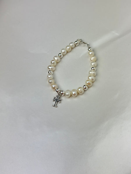 Bracelet - Baby Freshwater Pearl Bracelet w/Sterling Cross