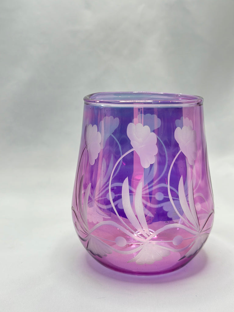 Glasses -  Stemless Wine Fine Purple  Egyptian Etched Glass - Set of Two