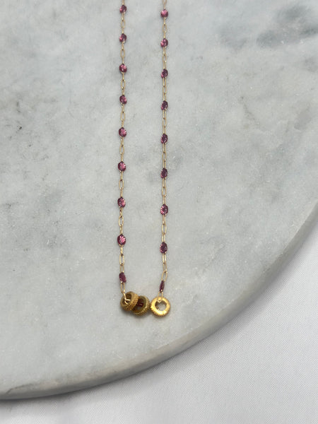 Necklace - Three Gold Rings On Pink Crystals