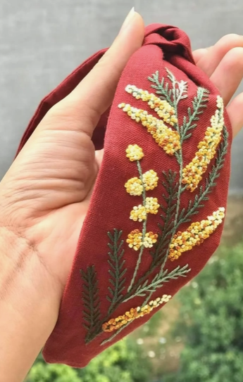 Hair Accessories - Floral Embroidered Linen Knot Headband