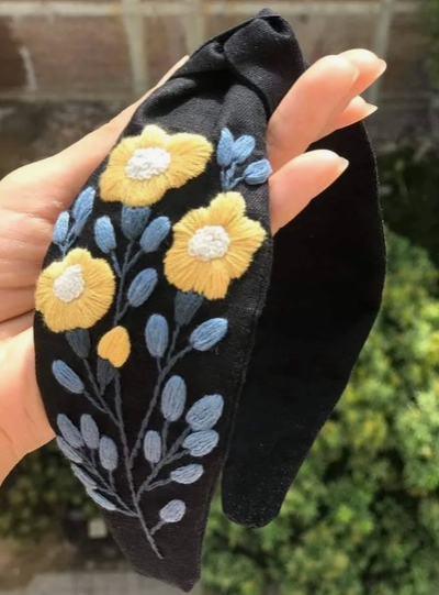 Hair Accessories - Floral Embroidered Linen Knot Headband