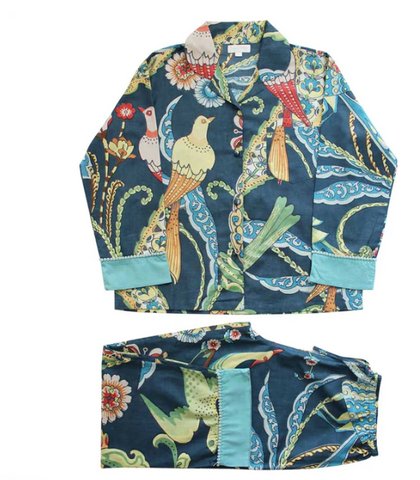 Pajamas - Women's Blue Floral Exotic Bird Print Cotton Pajamas
