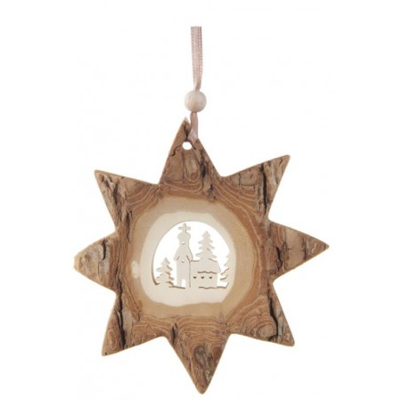 Ornament - Church Scene in Wood Bark Star