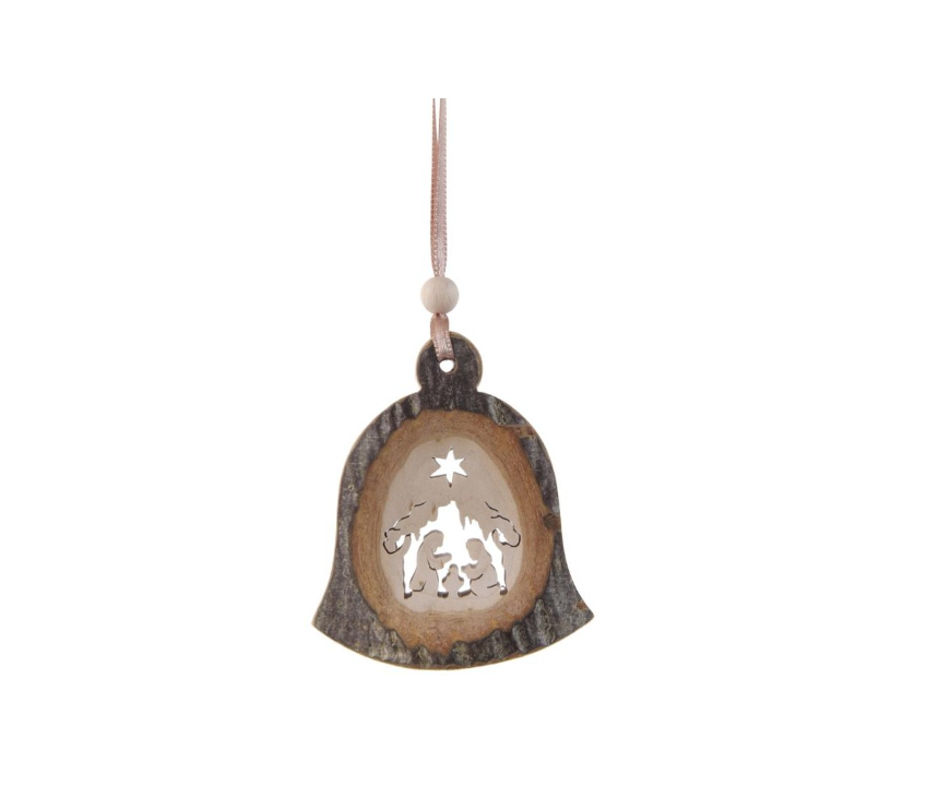 Ornament - Nativity in Wood Bark Bell