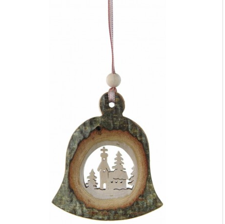 Ornament - Church Scene in Wood Bark Bell