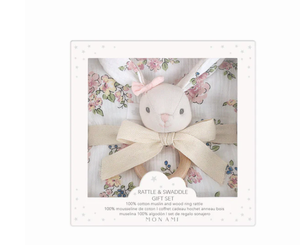 Baby Swaddle Set - Parisian Floral Muslin Swaddle & Bunny Rattle