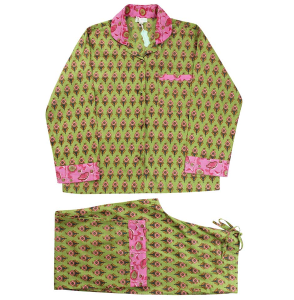 Pajamas - Lime Green Small Block Print W/Floral Trim