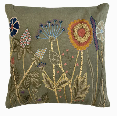 Pillow - Wild Flowers Cotton Embroidered Pillow Light Gray