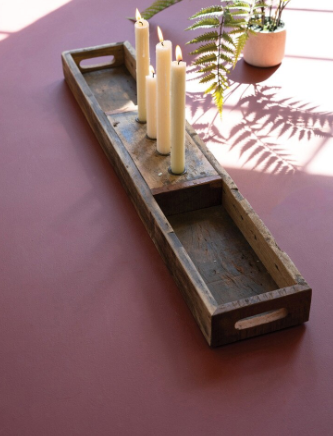 Recycled Wooden Tray with Four Taper Candle Holders