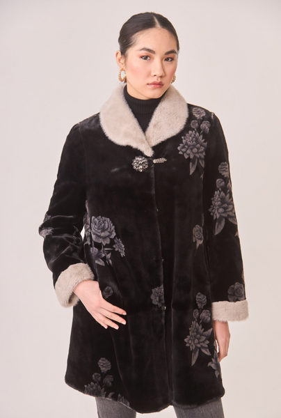 Coat - Flower Fur Coat With Jewel Button