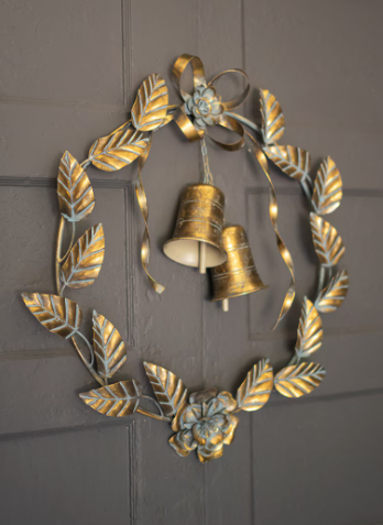 Wreath - Antique Brass Christmas Wreath w/Leaves & Bells