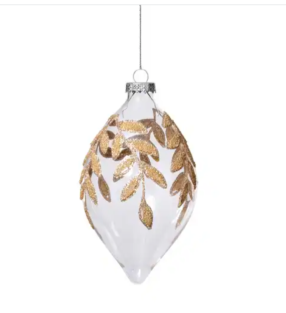Ornament - Glass Ornament w/Gold Beaded Leaf Design