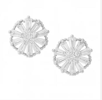 Earrings - Huggie Baguette Flower Studs - Silver