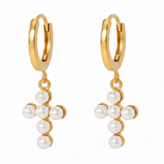 Earrings - Huggie Pearl Cross