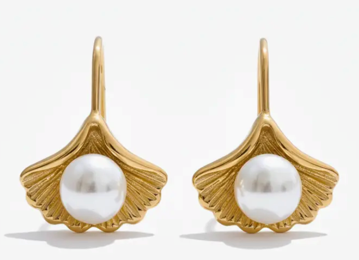 Earrings - Gingko Pearl Gold Earrings