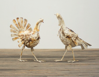 Set of 2 White Metal Turkeys