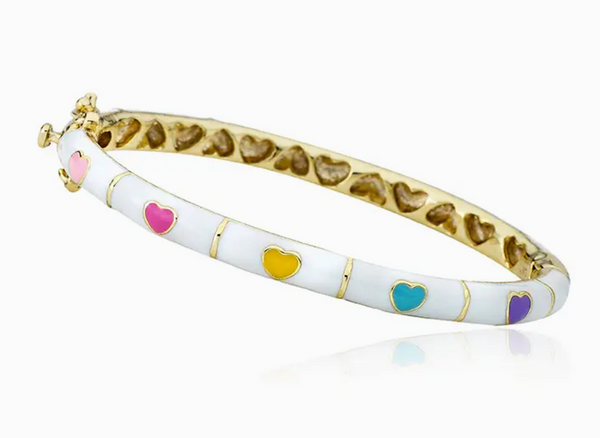 Bracelet - White Enamel With Multi Colored Hearts