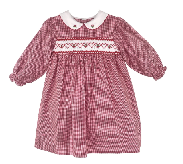 Red Check Long Sleeve Smocked Dress