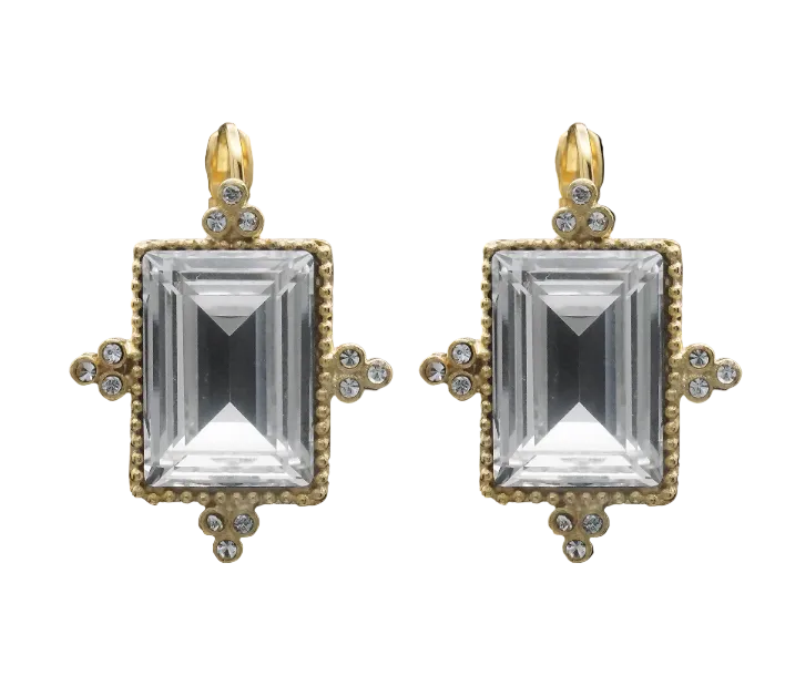 Earrings - Clear Rectangular Stone Set in Gold w/CZ Accents