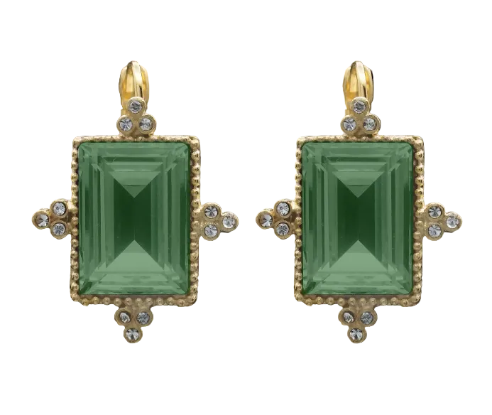 Earrings - Green Rectangular Stone Set in Gold w/CZ Accents