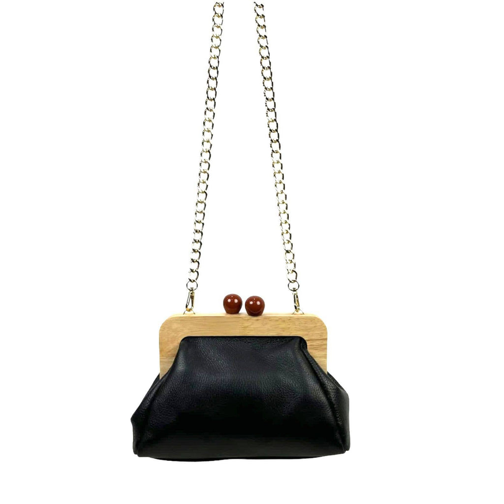 Purse - Italian Leather Bag with Click Closure With Wood Trim in Black