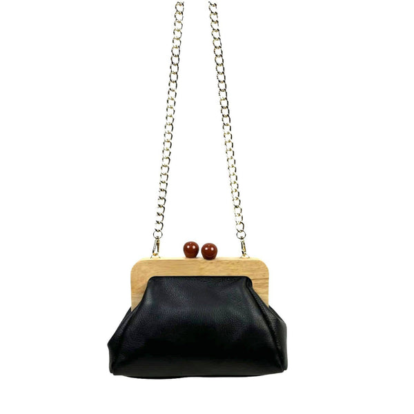 Purse - Italian Leather Bag with Click Closure With Wood Trim in Black