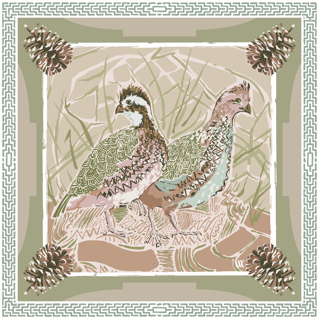 Scarf - Pink Quail Pair - Double-Sided Silk Scarf: 25x25