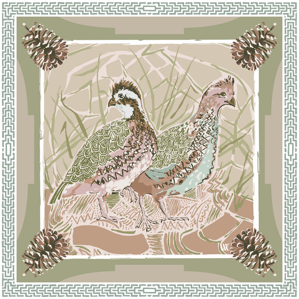 Scarf - Pink Quail Pair - Double-Sided Silk Scarf: 25x25