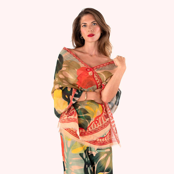 Scarf -  Linen/Cotton Scarf - Exotic Leaves: Green