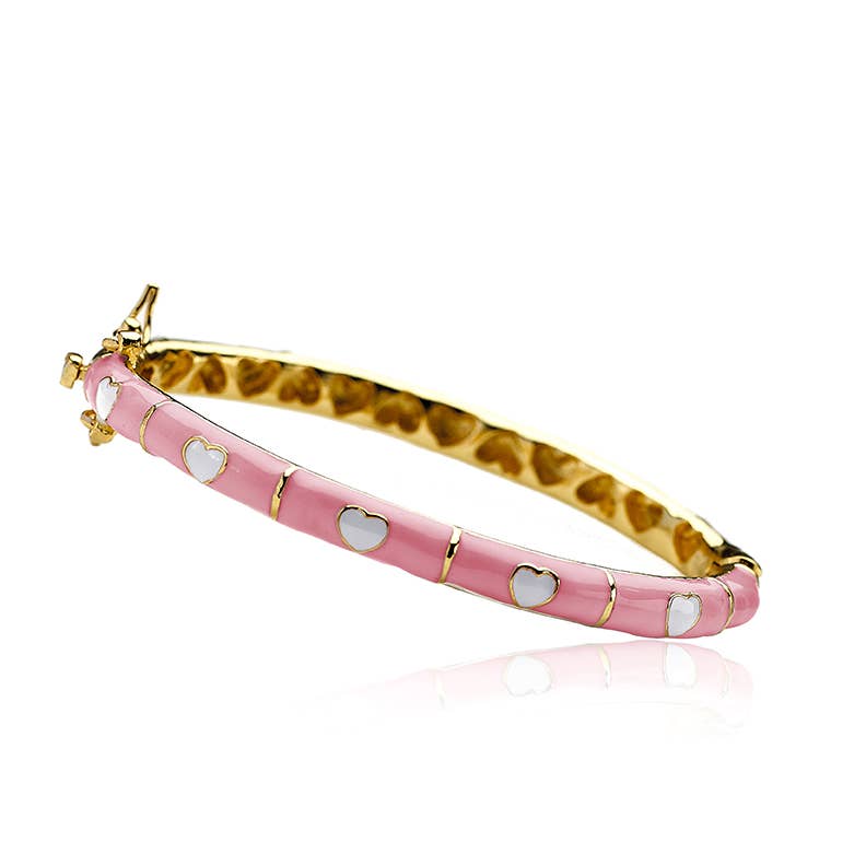 Bracelet - Pink Enamel Bangle With White Hearts