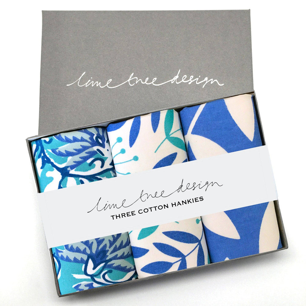 Handkerchiefs - Box of 3 Cotton Hankies - Blue and Turquoise