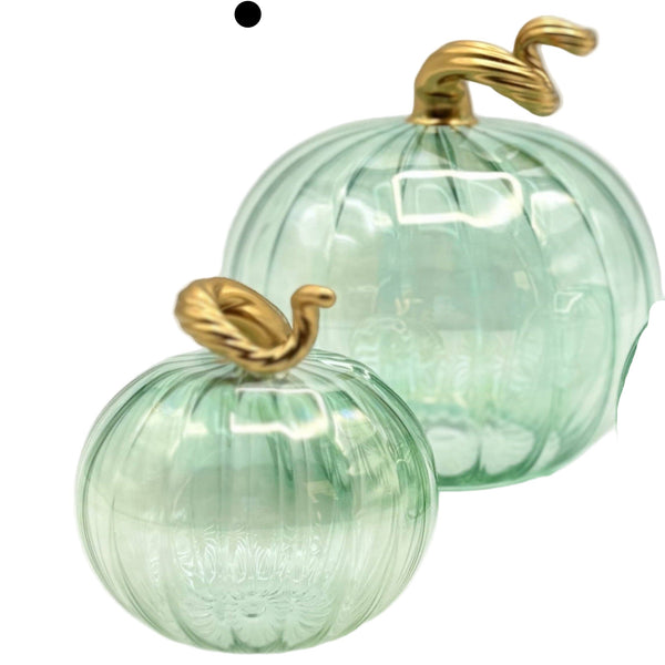 Blown Glass Tabletop Pumpkin - Iridescent Emerald with Gold Stem: Small
