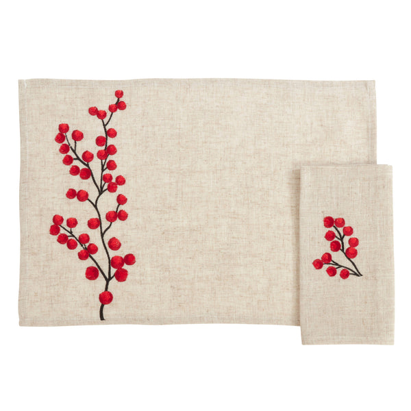 Dinner Napkins & Placemat Set - Embroidered Berry 8 pcs Set