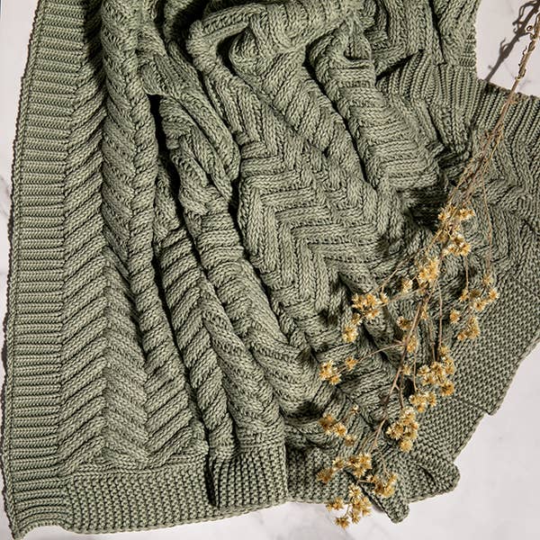 Throw - Washed Chevron Organic Cotton Knit Throw Blanket Olive