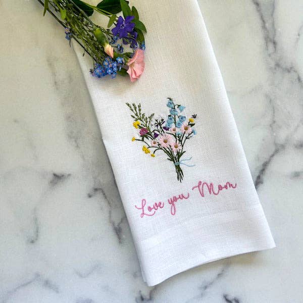 Towel - I Love You Mom with Bouquet Linen Towel