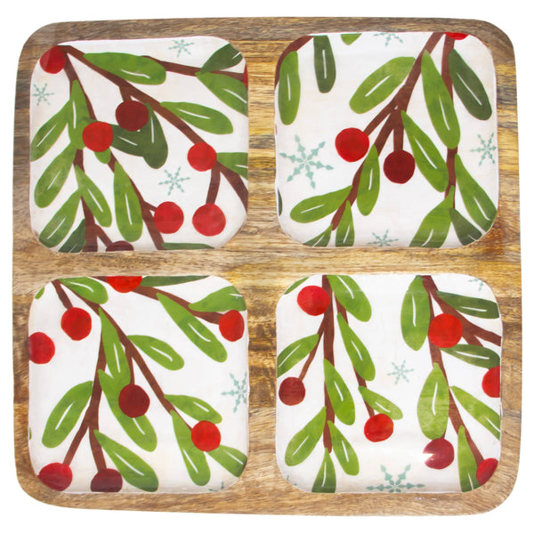 Tray - 12" Long Winter Berry 4 Sectioned Mango Wood Tray
