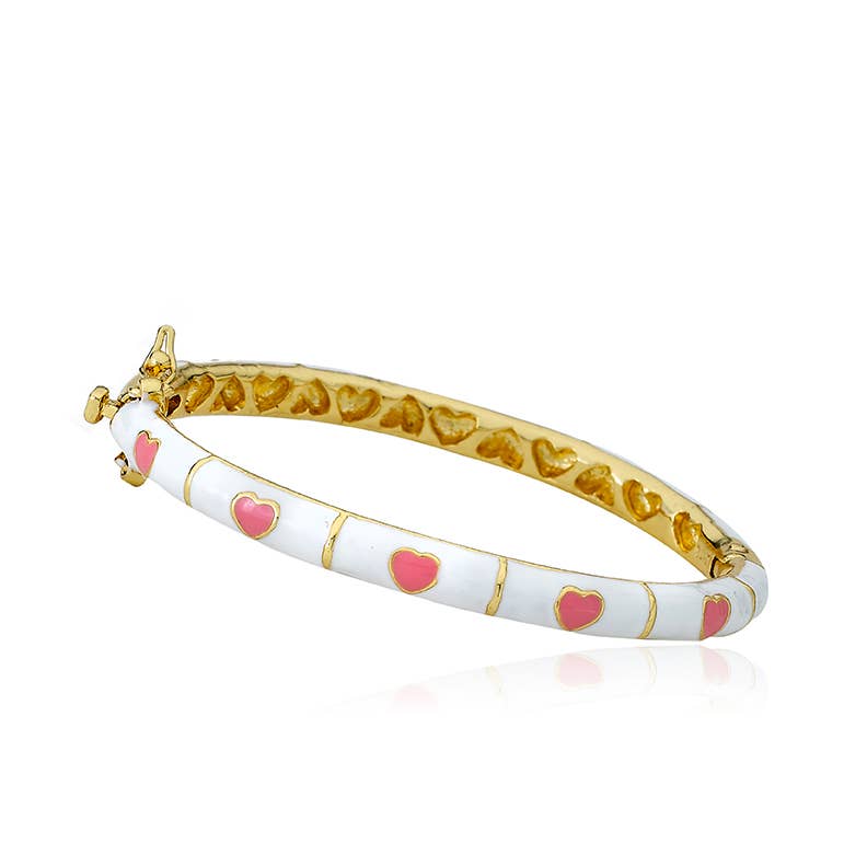 Bracelet - White Enamel Bangle With Pink Hearts